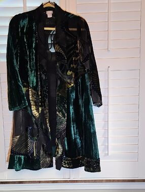 Chico's Travelers Velvet Burnout Kimino Black with Dark Teal Trim